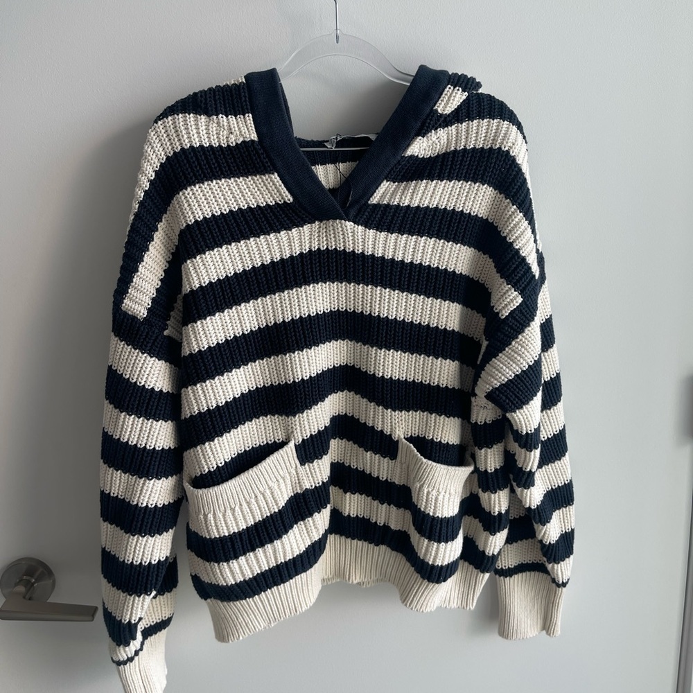 Zara Striped Navy and White Hooded Sweater